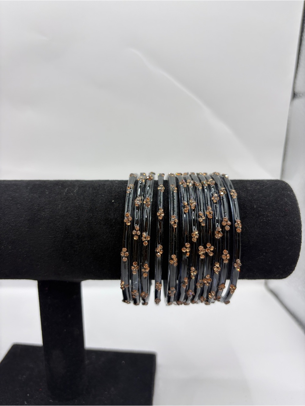Multi-Row Kashmiri Black and Gold Flower Glass Accent Bangle Set - Women Jewelry